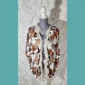 Element Floral Rose Printed Open Fringe Cardigan